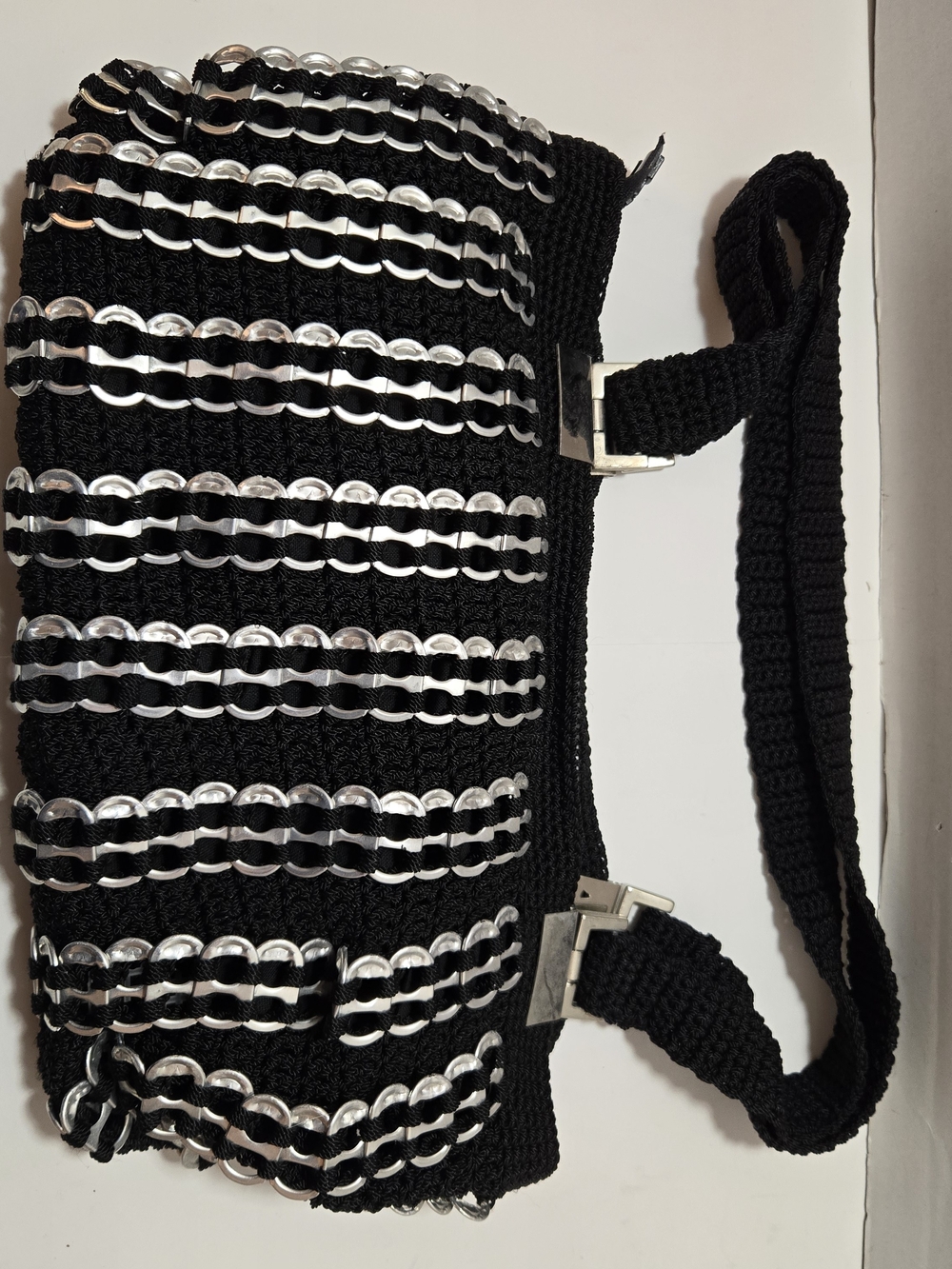 Black Crochet Shoulder Bag with Aluminum Soda Tab Detail Deco